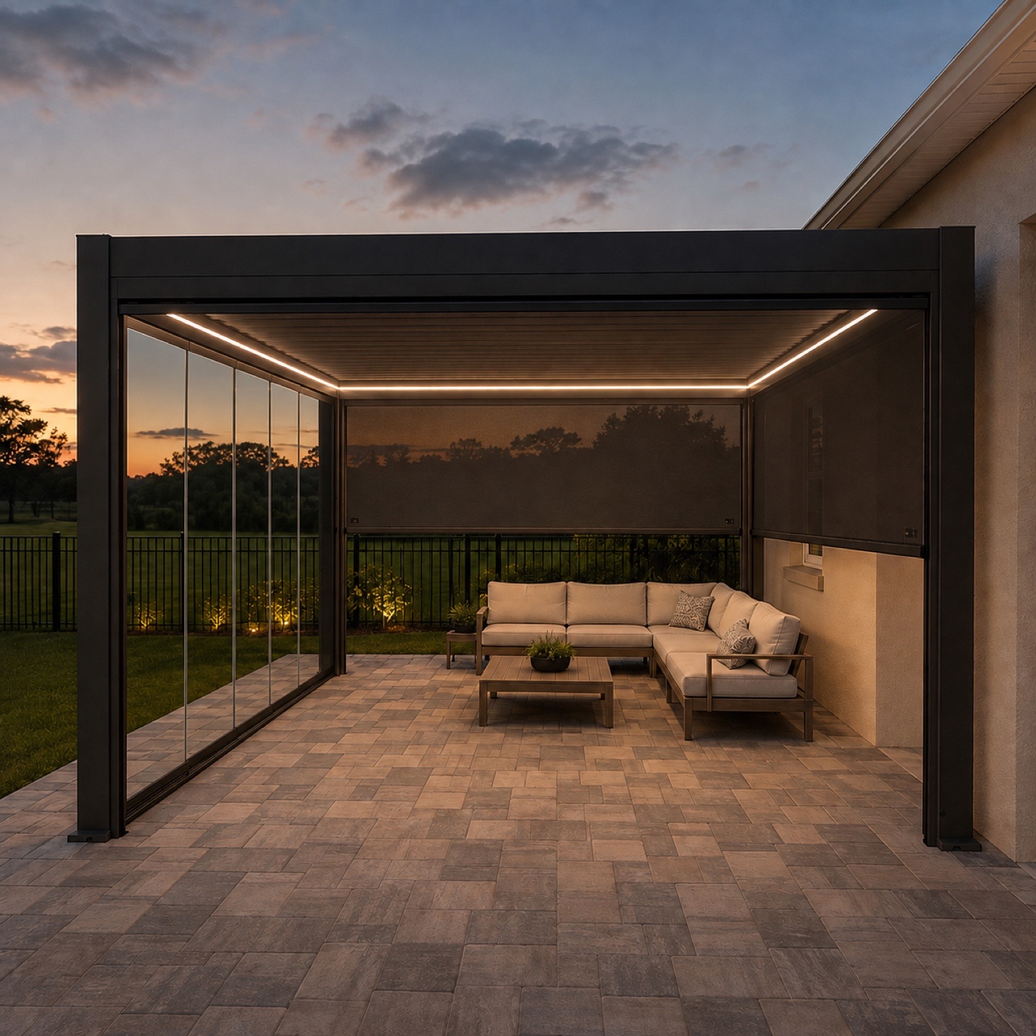 Louvered pergola with zip screens at dusk