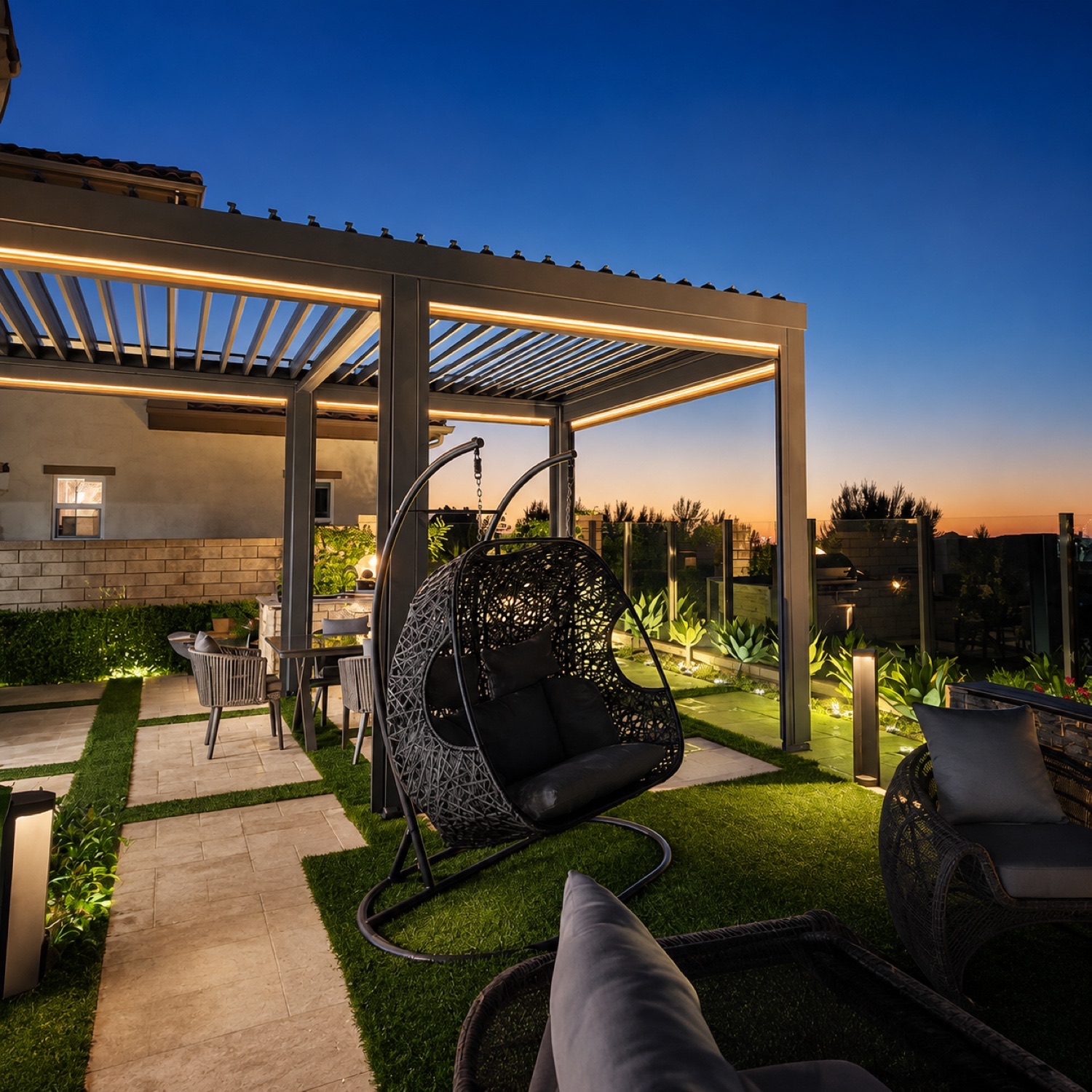 Louvered pergola roof open to the sky