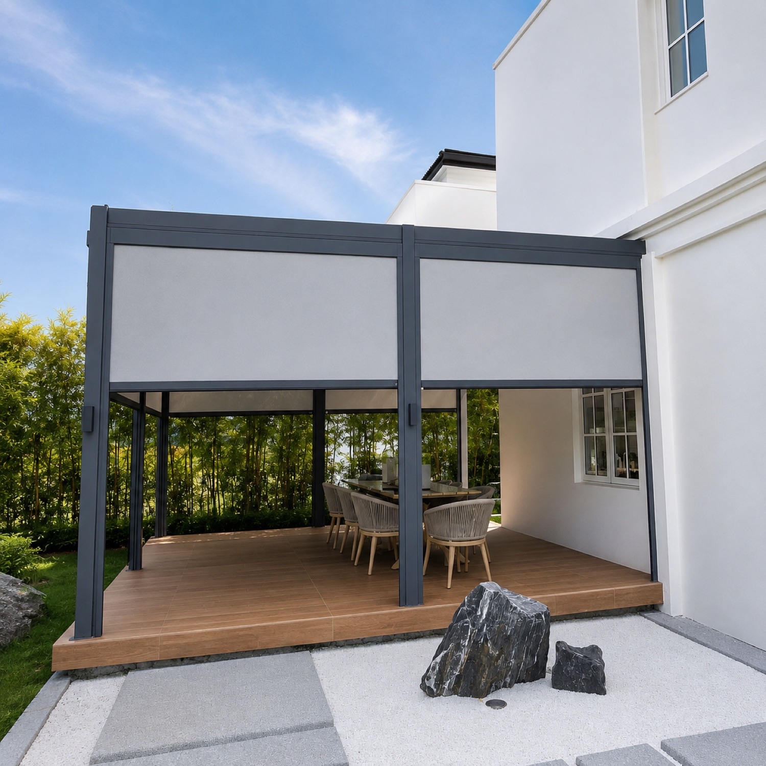 Pergola with zip screens half lowered