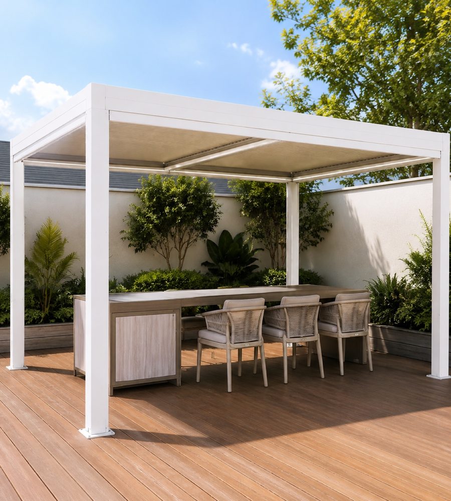 Louvered pergola over an outdoor bar and dining run