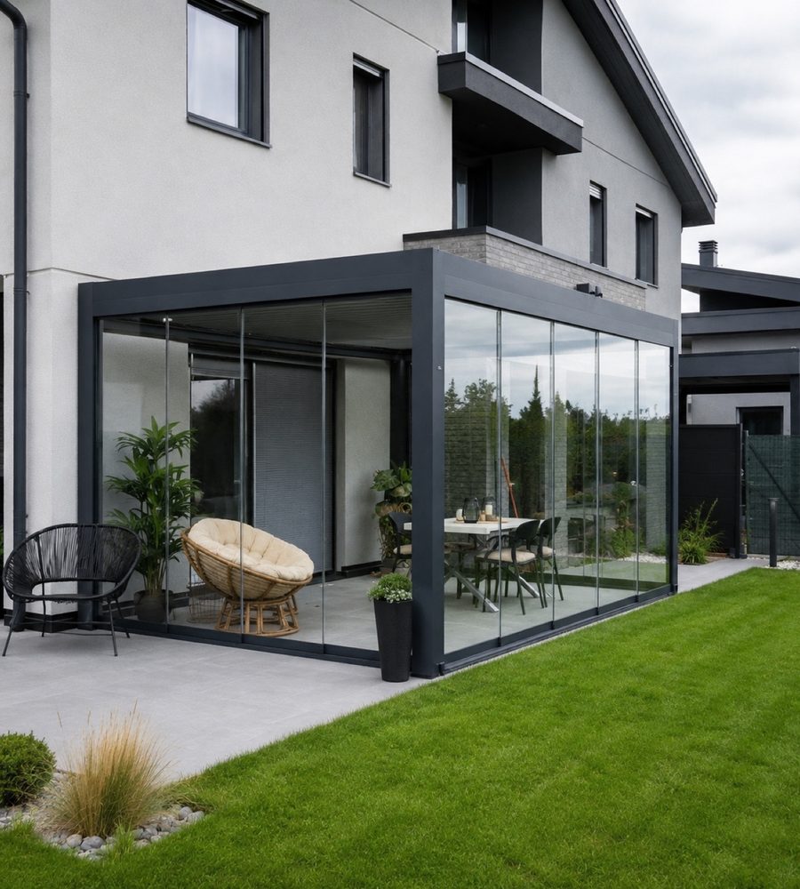 Pergola with frameless glass walls beside a house