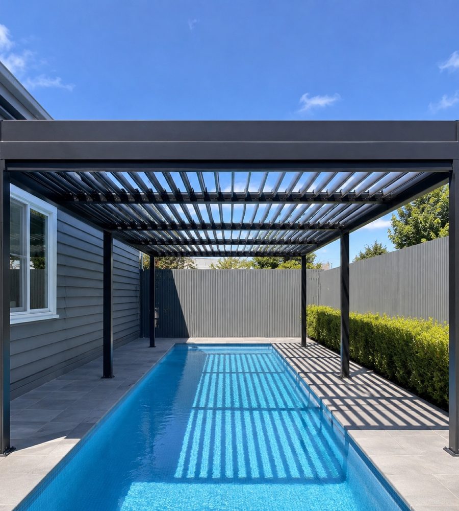 Louvered pergola at the end of a swimming pool