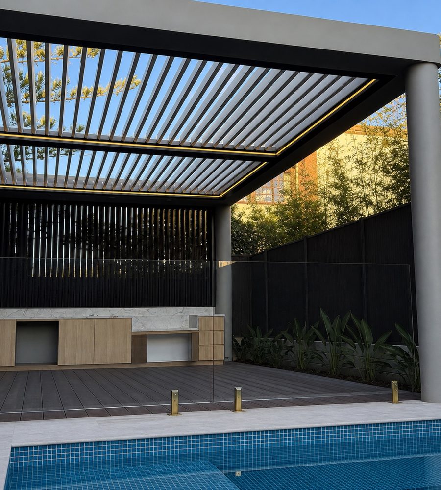 Pergola on round columns over a pool terrace