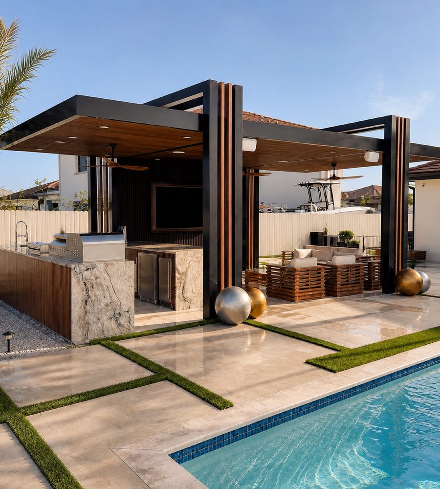 Pergola with slatted ceiling over an outdoor kitchen
