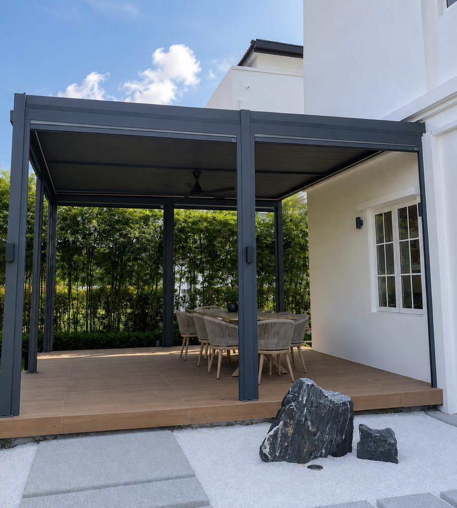 Dark pergola split into two seating zones