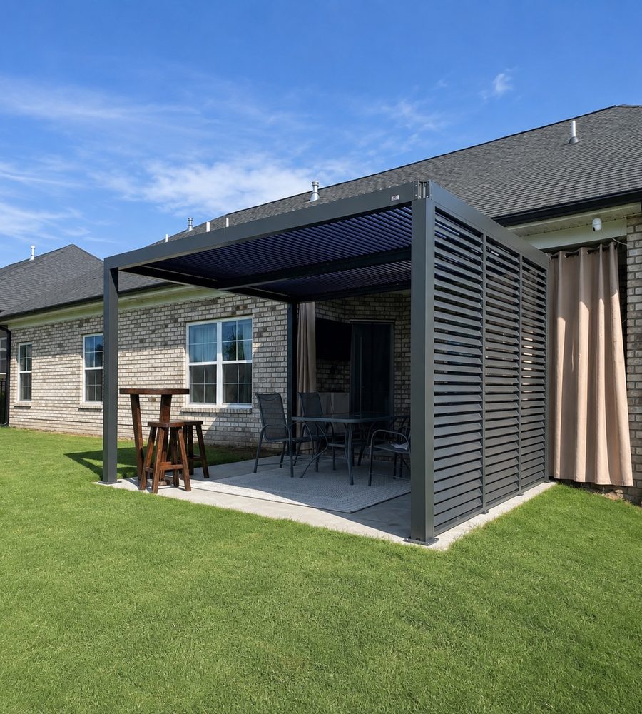 Pergola mounted against a brick house wall