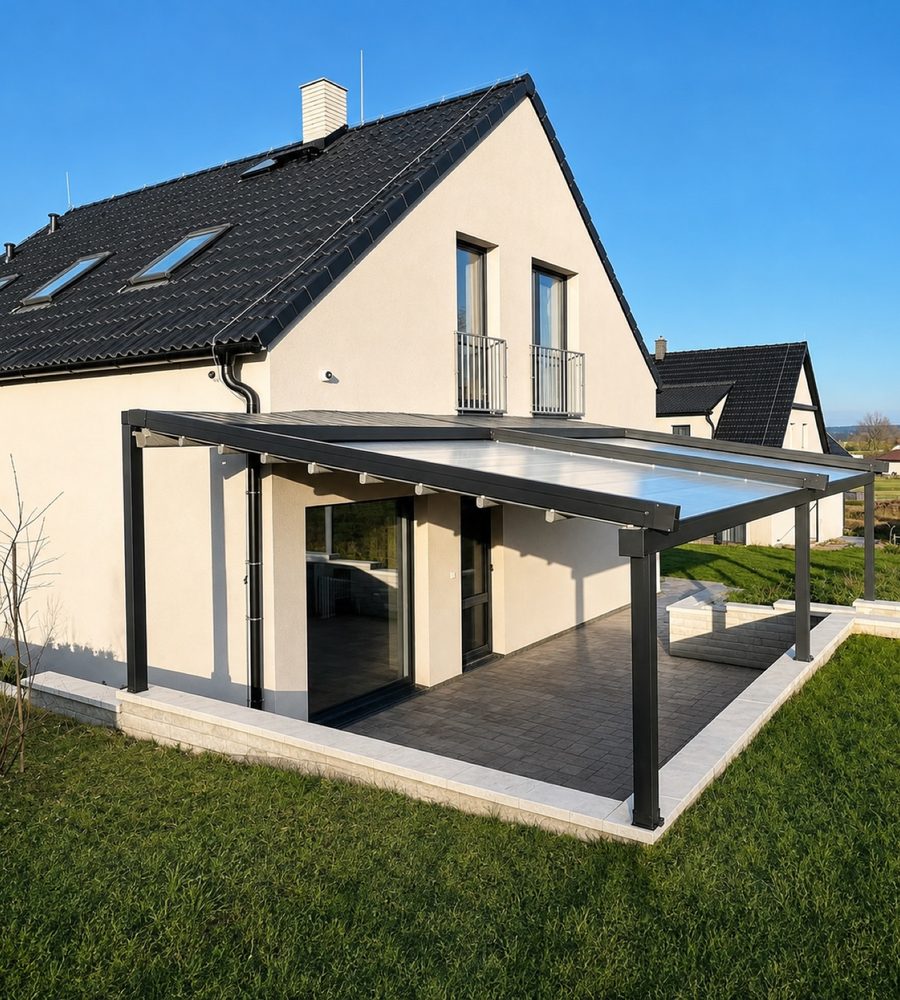 Dark pergola with a retractable roof over a patio