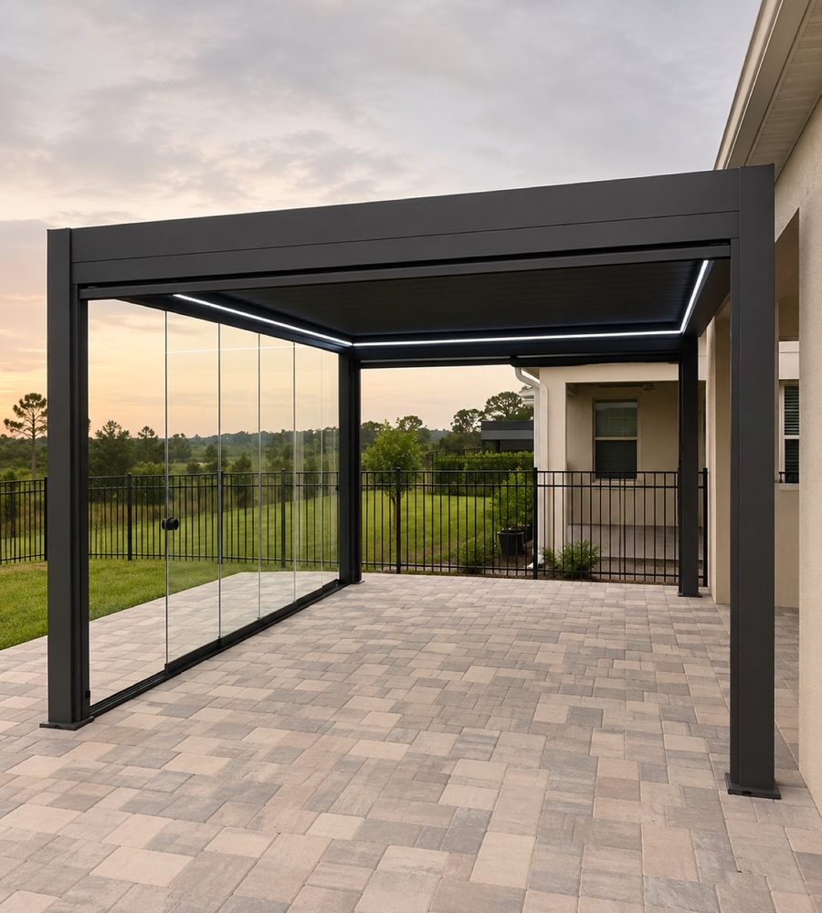 Freestanding dark pergola on a paved terrace
