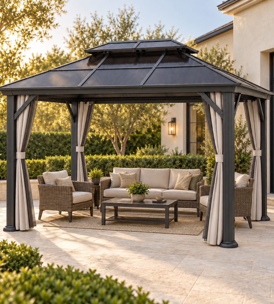 Soft-top gazebo with curtains in a garden