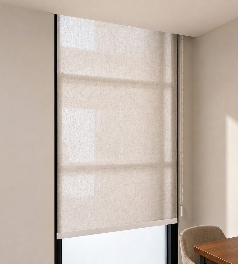Roller shade lowered over a desk in a bright study