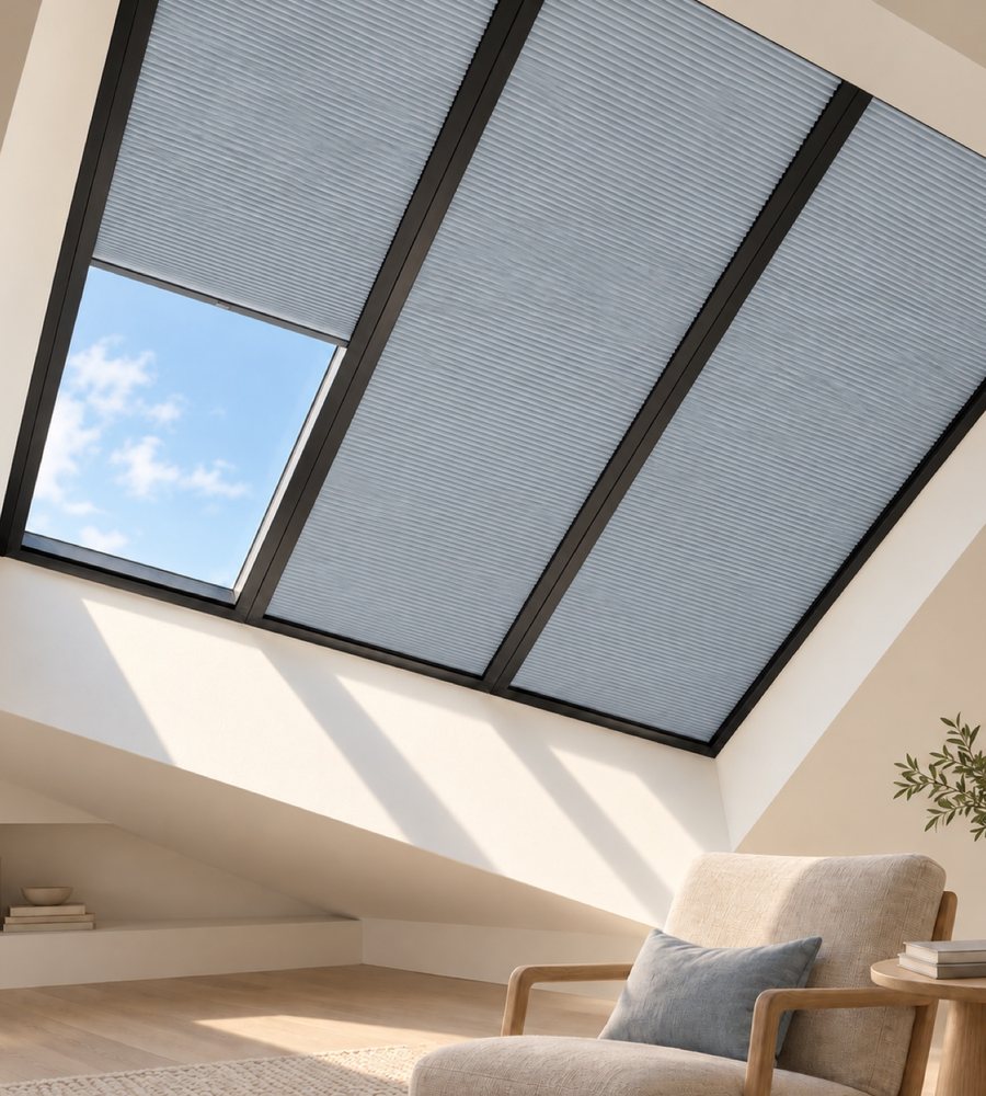 Skylight honeycomb blind on a glazed roof, one panel open to the sky