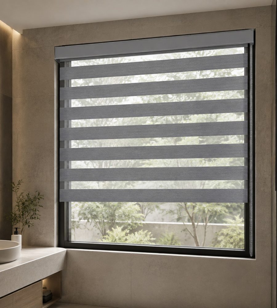 Zebra banded shade in a bedroom