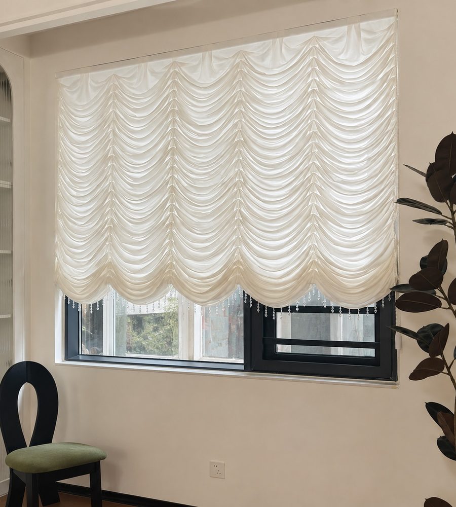 Austrian gathered sheer over a tall window