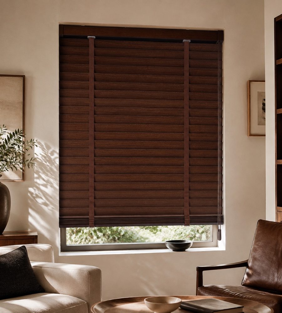 Wood Venetian blinds in a warm living room