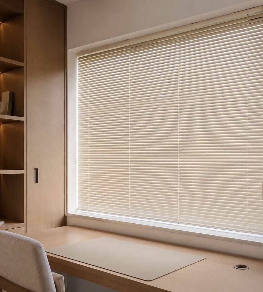 Aluminum Venetian blinds above a desk
