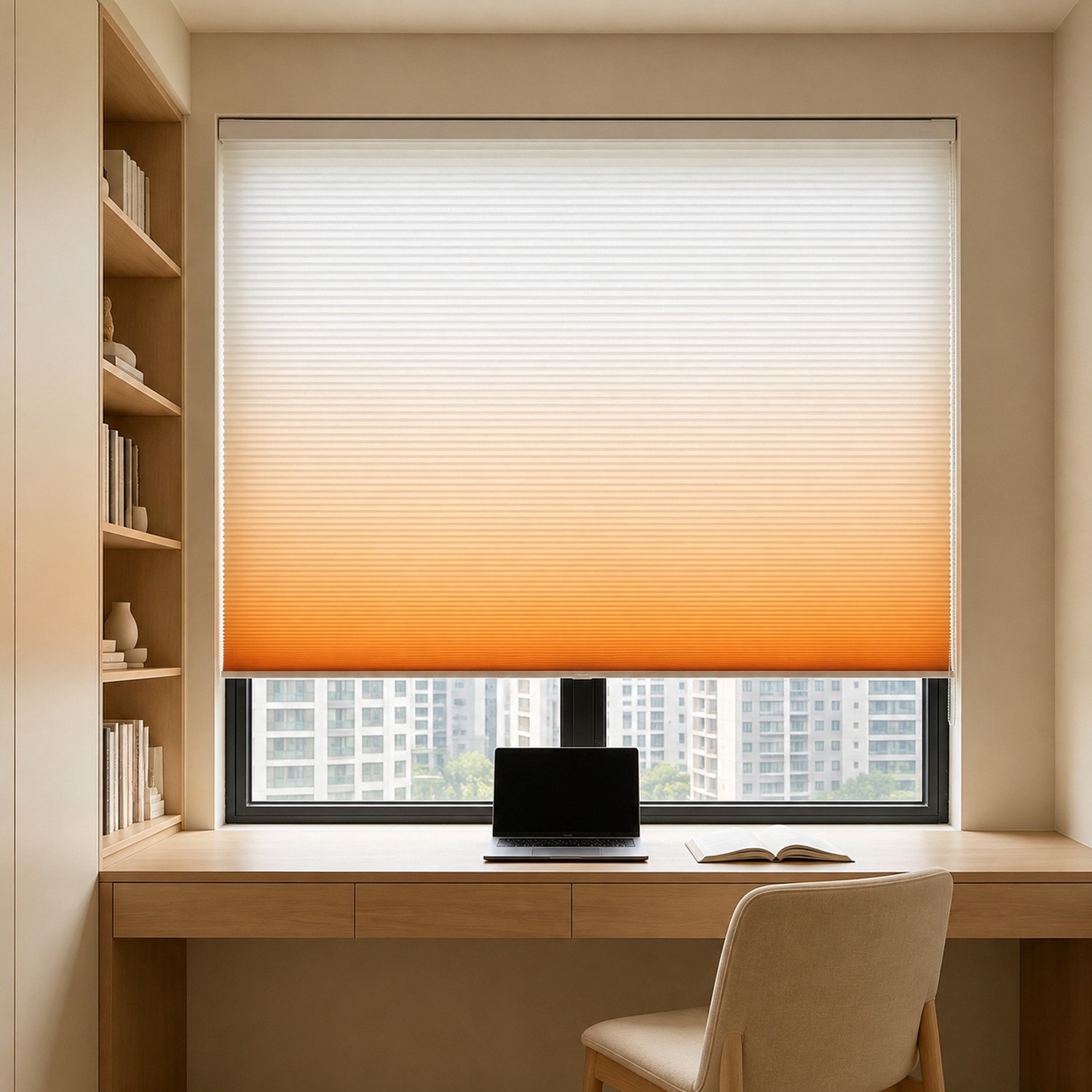Honeycomb shade in a study